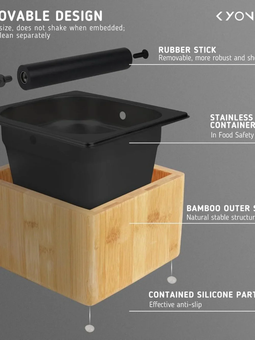 Coffee Grounds Knock Box with Durable Knock Bar Made of Bamboo & Stainless steel
